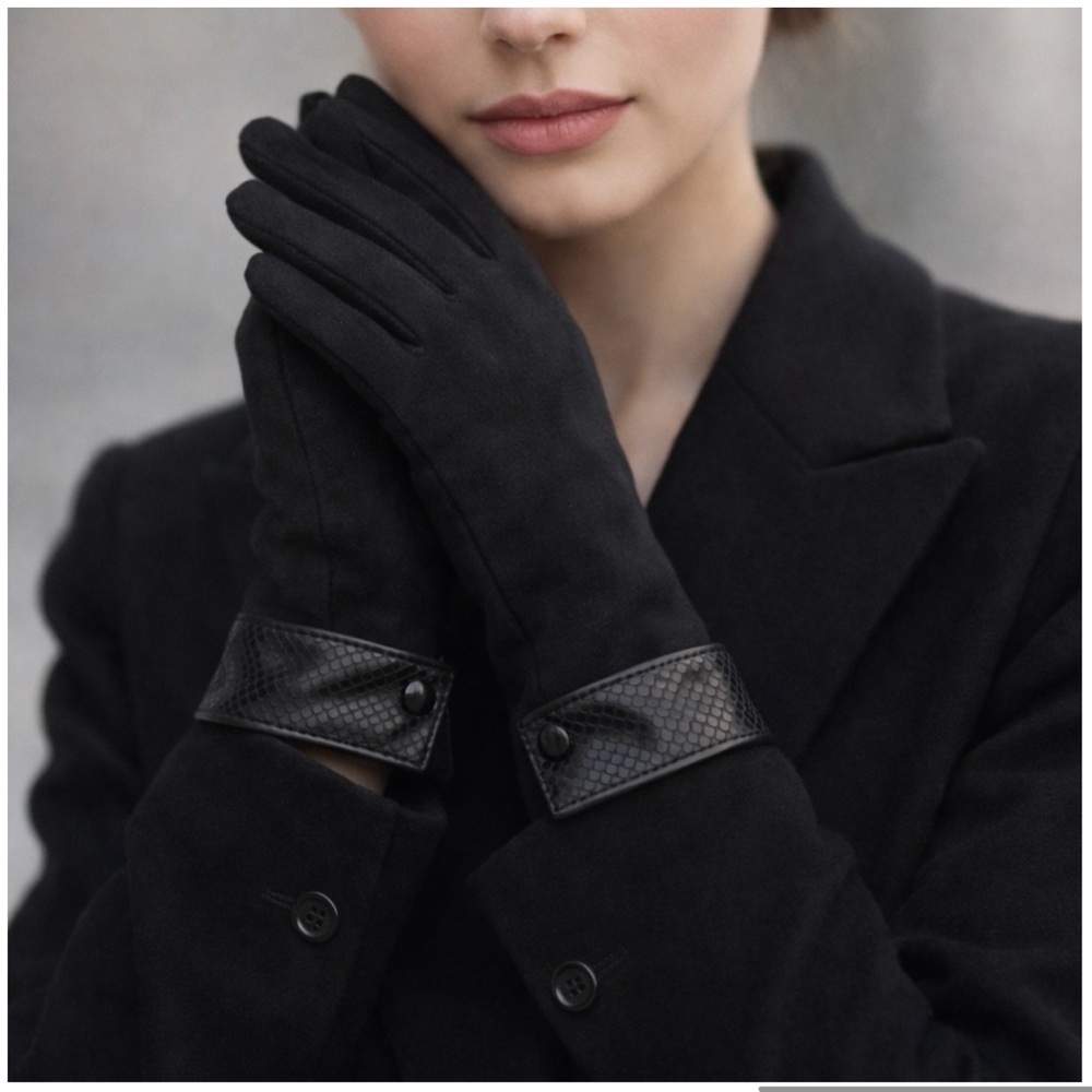 Valentino Black Suede Gloves with Embossed Leather Cuff